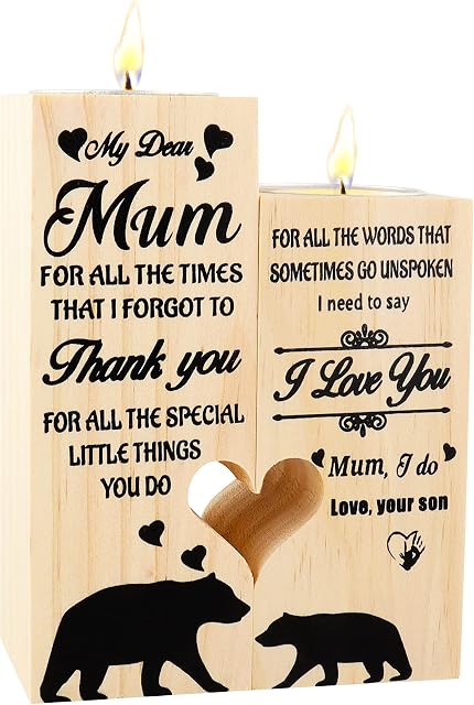 Merclix Candle Holders Gifts for Mum, Mum Gifts from Son, Wooden Heart-shaped Craft Candlestick Holders, Mothers Day Presents from Son, Presents for Mum, Mum Christmas and Birthday Gifts