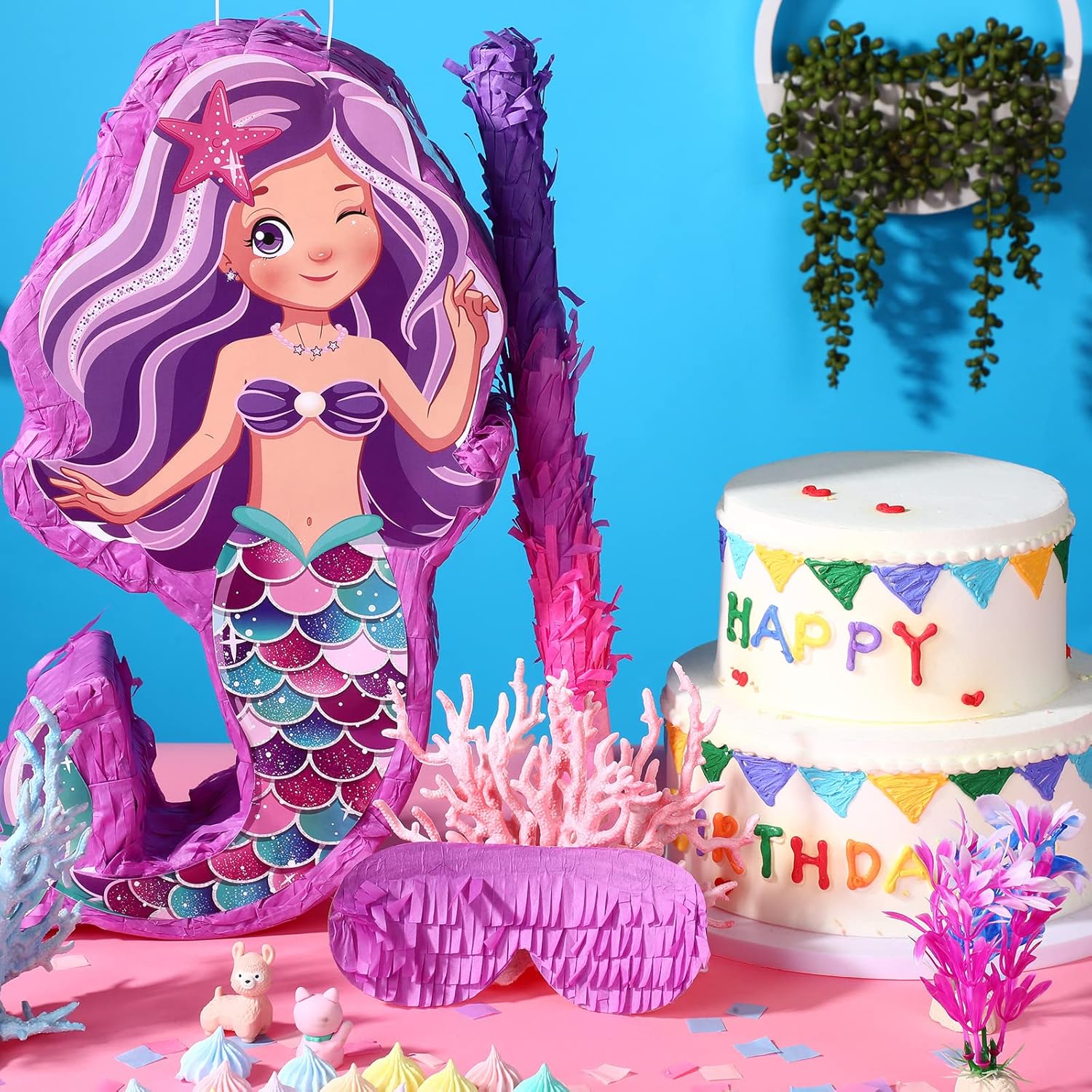 Mermaid Piñata Bundle 18.9 Inch Mermaid Party Supplies with Blindfold, Bat and Filler for Under the Sea Theme Birthday Party Carnival Activity Decorations