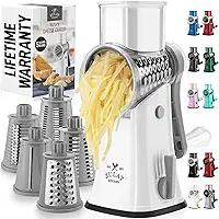 Zulay Kitchen ralador de queijo rotativo zulay triturador de queijo de 5 lâminas - ralador de queijo de manivela manual com sucção reforçada e 5 tambores intercambiáveis - picador de veget