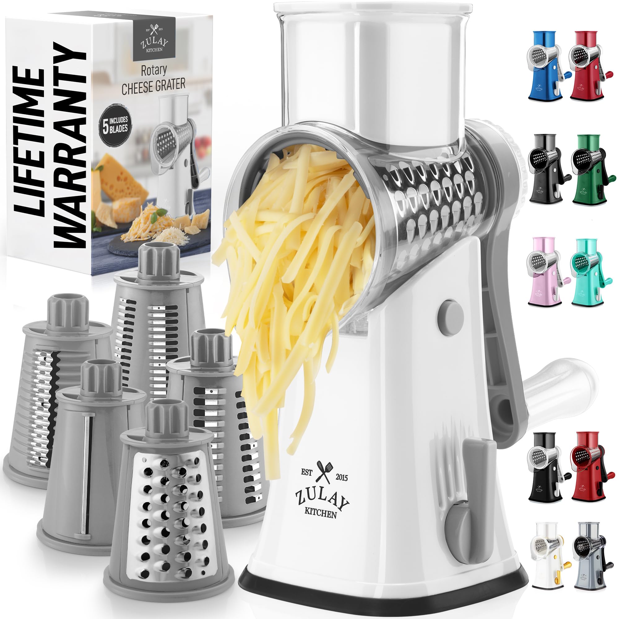 Zulay Kitchen Rotary Cheese Grater 5 Blade Cheese Shredder - Manual Hand Crank Cheese Grater With Reinforced Suction & 5 Interchangeable Drums - Easy to Use, Vegetable Chopper Round Mandoline Slicer
