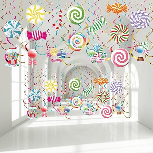 Miniatura 1 de Faccito 36 piezas de decoraciones de fiesta de Candyland, remolinos colgantes de remolinos coloridos, piruletas de caramelo temático de tierra,