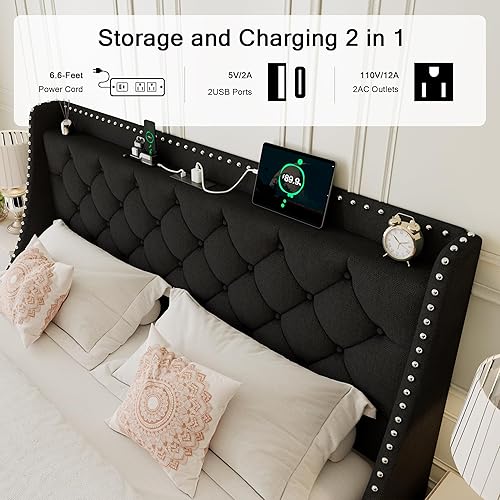 Miniatura 31 de Base de cama tamaño Queen con cabecero de almacenamiento capitoné con botones en la parte trasera y puertos tipo CA, plataforma tapizada, soporte de