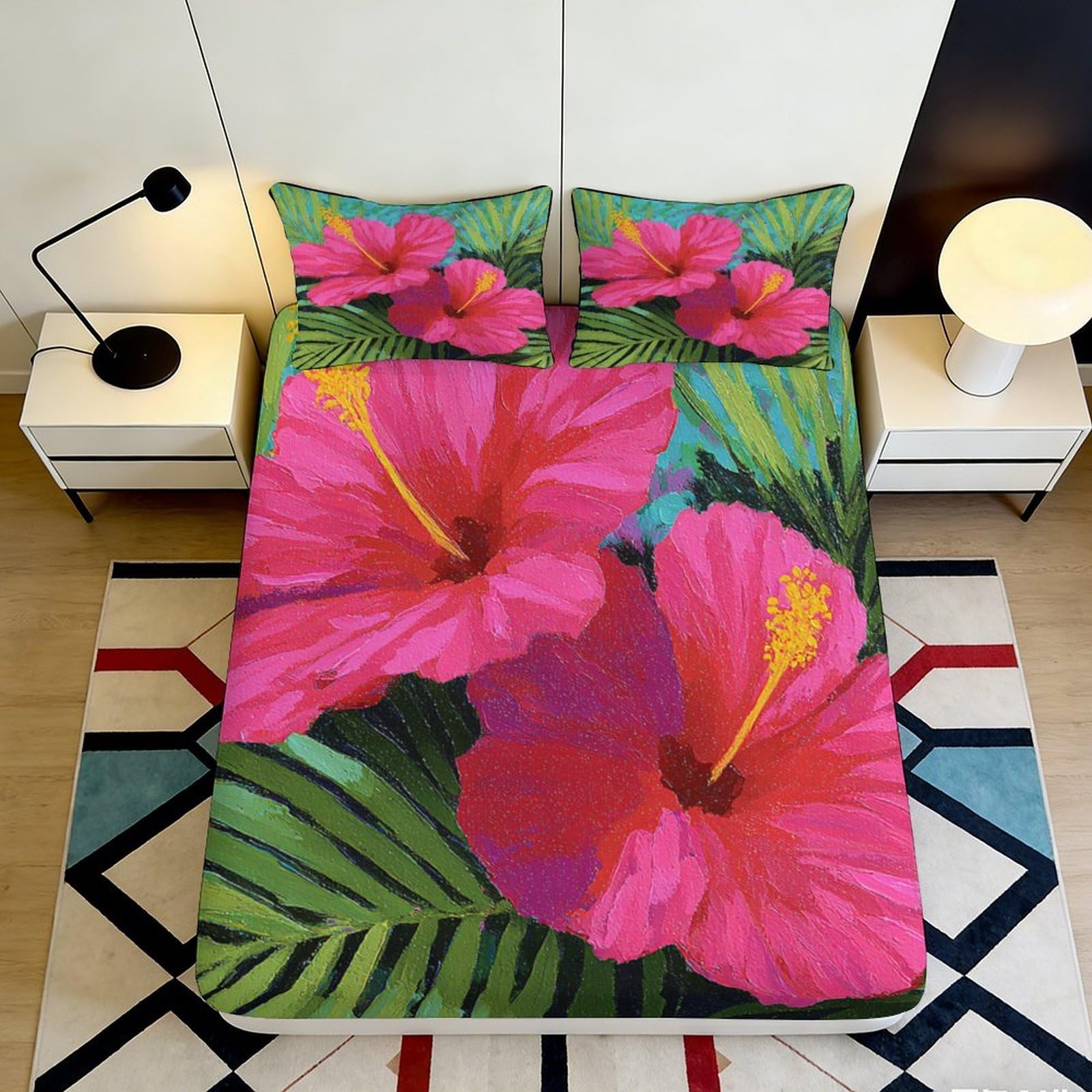 3D Printed Hibiscus Flower Fitted Sheet Microfiber Soft Pink Tropical Leaf Bed Cover for Bedroom Guest Room Decor 90x200x25cm