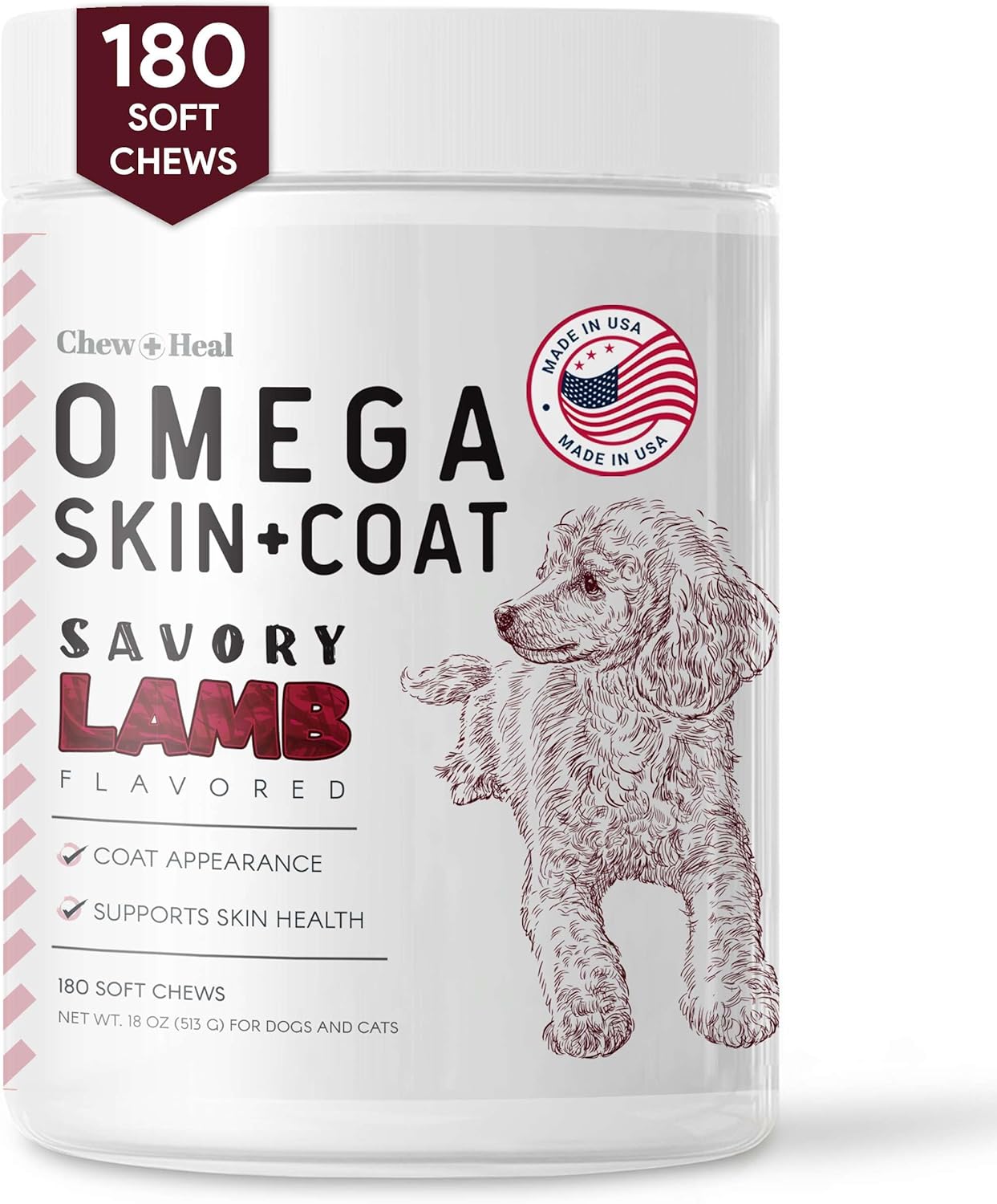 Salmon Oil for Dogs – Soft Chew Omega Treats for Skin and Coat – Fish Oil Blend of Essential Fatty Acids, Omega 3 and 6, Vitamins, Antioxidants and Minerals – Made in USA (180 Chews, Lamb)