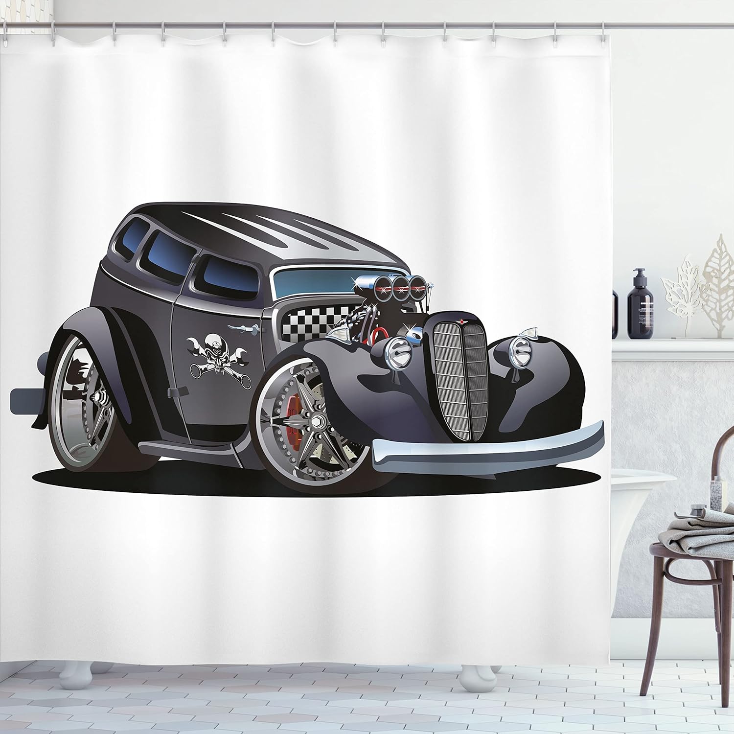 Lunarable Cartoon Shower Curtain, Classic Hot Rod Car Fashion Skull Pattern Angry Furious Gesture Graphic, Cloth Fabric Bathroom Decor Set with Hooks, 69" W x 70" L, Charcoal Grey