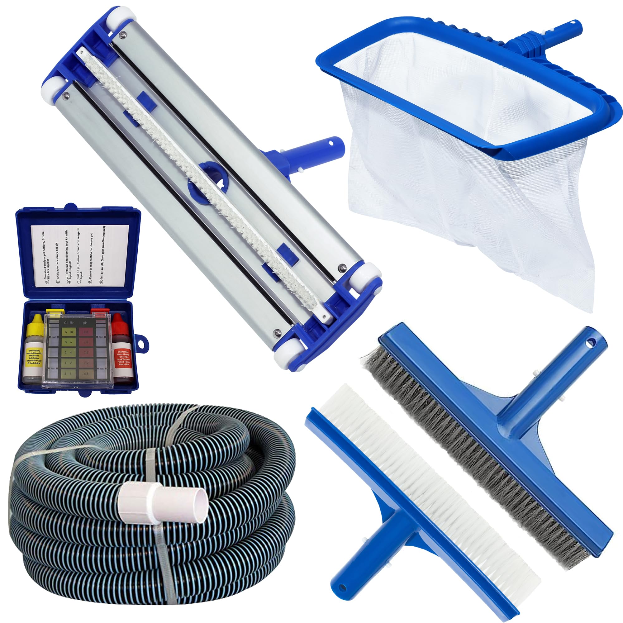 POOLTOOL Swimming Pool Cleaning Kit, Deep Leaf Rake Net Bag Net, Algae Cleaning Brush 10", Wall Brush 10", Vacuum Hose Pipe 9 meter/30 Feet EVA Suction Pipe, Vacuum Head 17.5", Test Kit (Cleaning Set)
