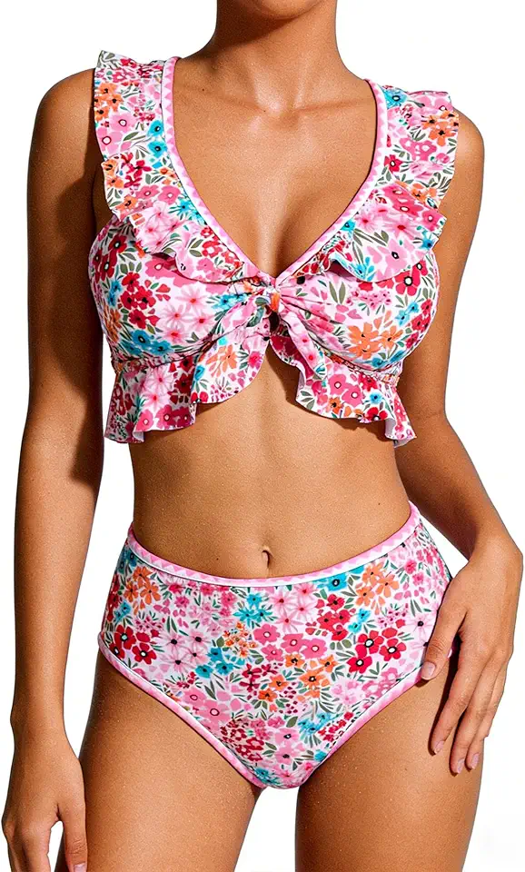 Conjunto de biquíni de cintura alta para mulheres, maiô de duas peças, controle de barriga, roupa de banho com babados, push up, roupa de banho para adolescentes