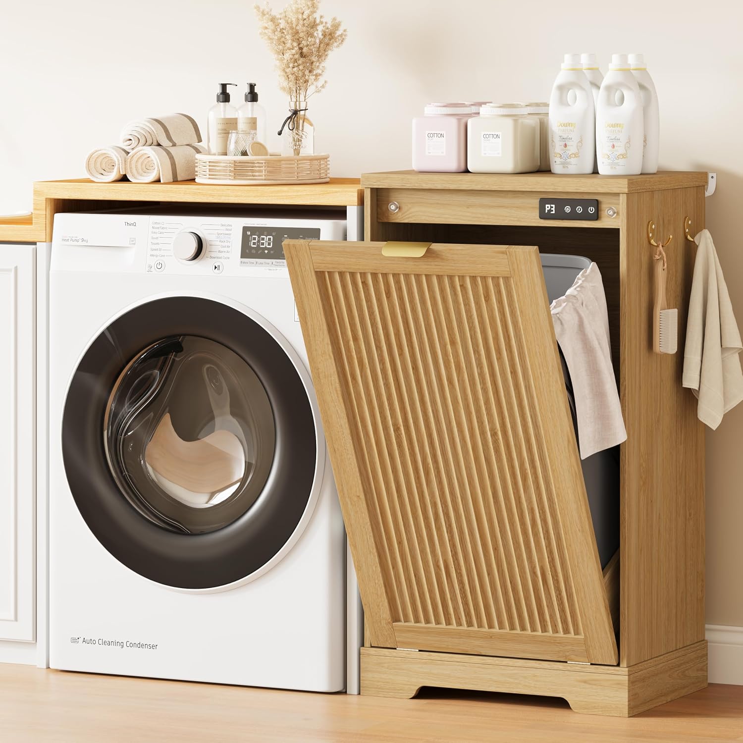 13 Gallons Tilt Out Trash Can Cabinet with Deodorising Function, Wood Fluted Trash Freestanding Recycling Cabinet, Laundry Cabinet Pet Proof Trash Can Holder for Kitchen Living Room Bathroom, Oak