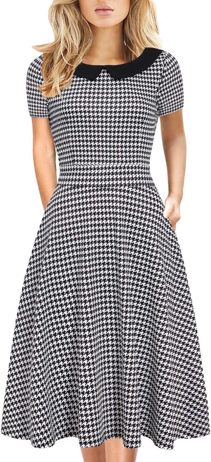 Women's Elegant Vintage Dresses Knee Length Casual Floral Print Work Party Peter Pan Collar A-Line Dress with Pockets 978