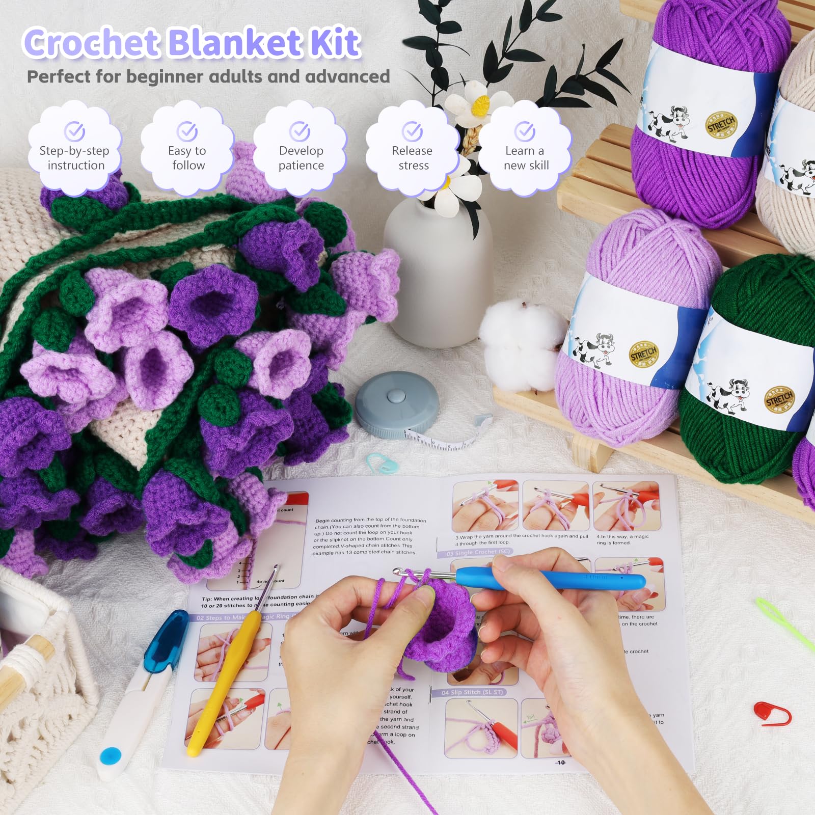 Aeelike Decke Häkelset für Anfänger, Häkelset Blumenstrauß Decke, Weich Handgefertigtes Faltbares Häkelstrauß, Häkeln Set Babydecke Geeignet für Geburtstag, Heimdekoration, Maiglöckchen