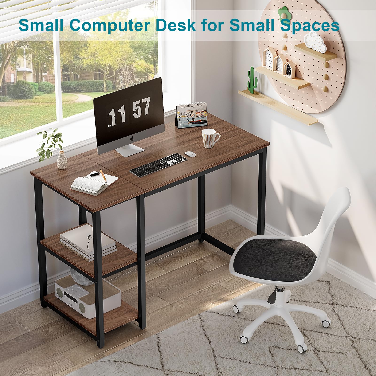 WOHOMO Scrivania per computer, 120 cm, con 2 ripiani, ampio spazio per riporre oggetti, studio, laptop, marrone