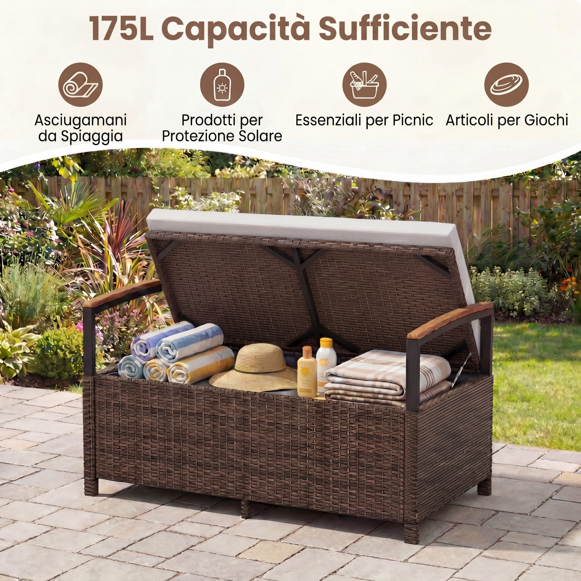 SOARS Panca da Giardino 2 Posti, Baule Contenitore Esterno 175 L in Vimini PE, con Cuscino Lavabile, Schienale e Braccioli in Legno di Acacia, Ammortizzatori a Gas, per Patio Balcone Piscina (Beige)