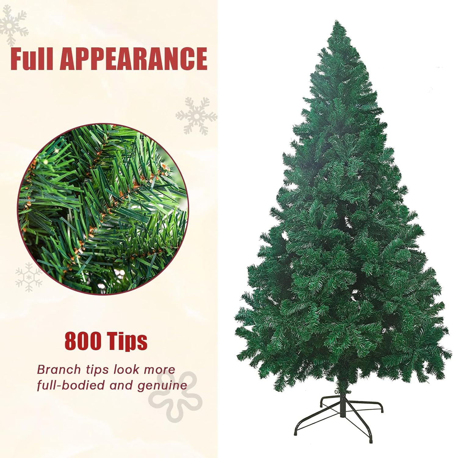 6FT Artificial Christmas Tree, Full Premium Hinged Artificial Pine Tree with Sturdy Metal Stand 800 Branch Tips,Green