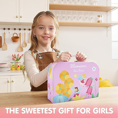 Miniatura 7 de JOYIN Juego de té de flores de hadas para niñas pequeñas, juego de tetera de lata rosa, juego de cocina de princesa con tetera, taza, plato, estuche