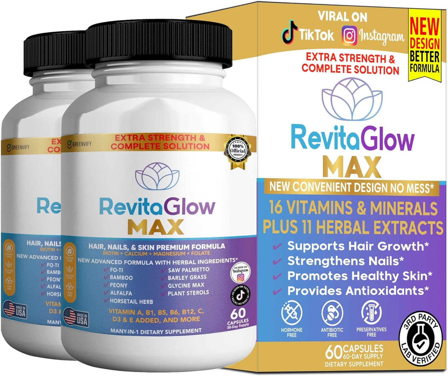 RevitaGlow Max Hair, Nails & Skin Premium Formula, 60 Capsules, 30-Day Supply, with Biotin, Vitamins A, B1, B5, B6, B12, C, D3, E (2)