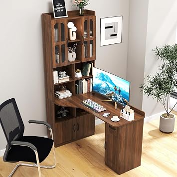 60" Farmhouse L Shaped Desk with Hutch, Modern Wood Home Office Executive Desk with Drawer, Bookshelf, Storage Cabinet, Rustic Writing Computer Desk, Walnut
