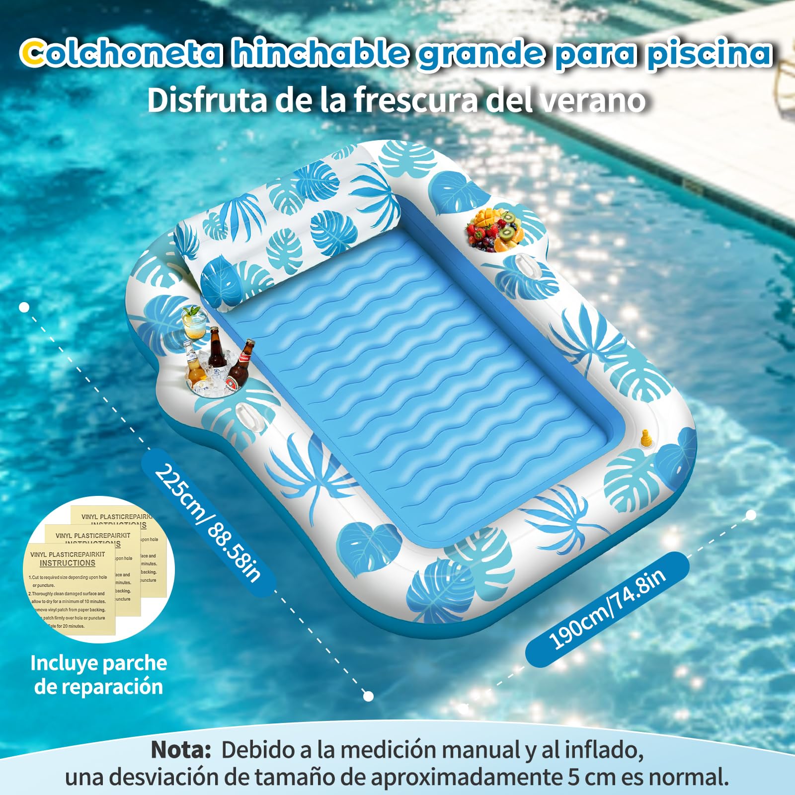 JONRRYIN Colchoneta Piscina Adultos 2 Personas, Tanning Pool 225×190 cm, Colchoneta Hinchable con Función de Rociado y 2 Portavasos, Hamaca Hinchable Flotador para Playa y Agua