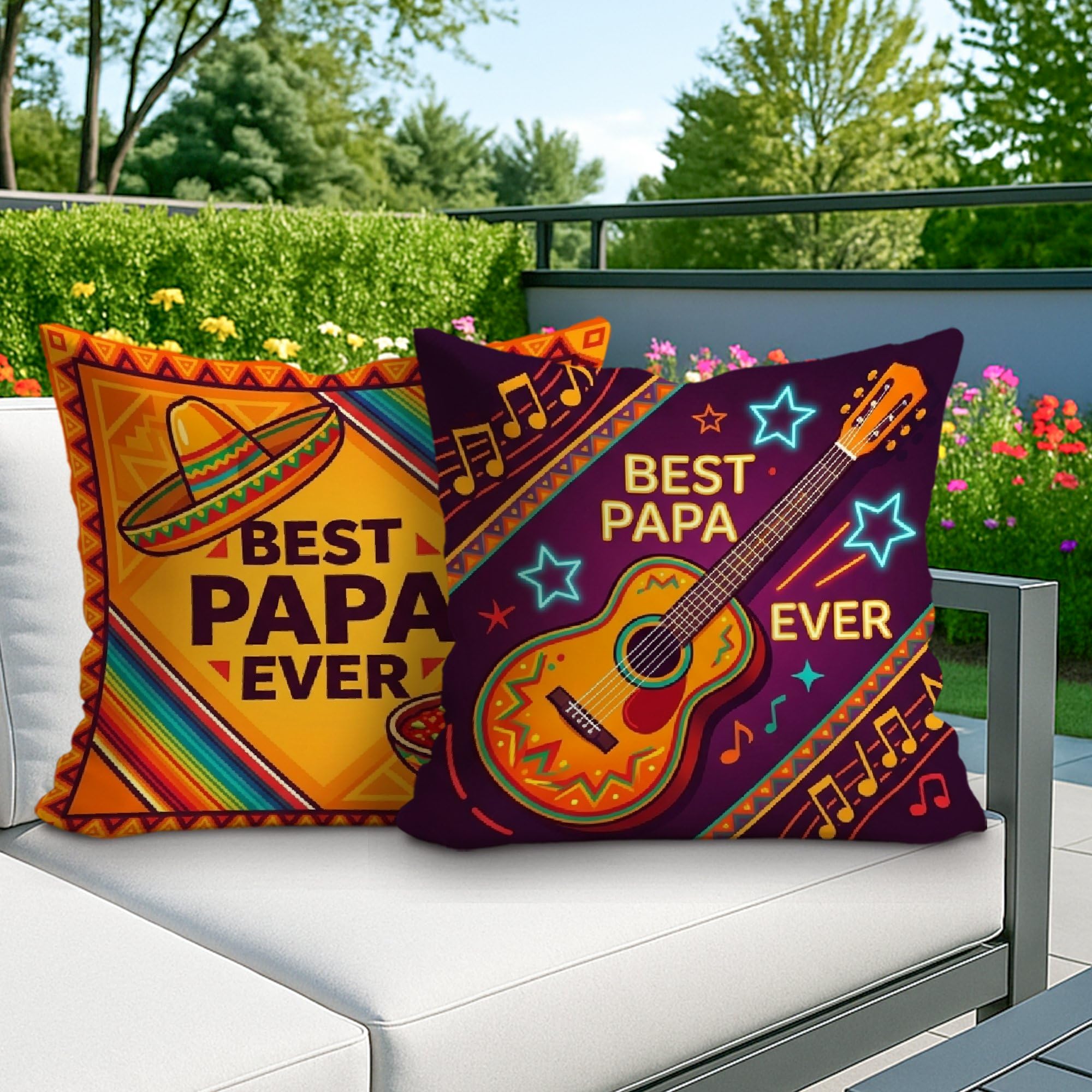 Federa per cuscino da esterno, motivo chitarra tradizionale, maracas, salsa, arancione, lavabile in lavatrice, per patio, veranda, terrazza, mobili da esterno, 55 x 55 cm