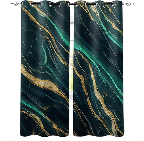 Cortinas opacas de mármol verde esmeralda de 72 pulgadas de largo, arte abstracto moderno dorado, cortinas con aislamiento térmico para dormitorio,