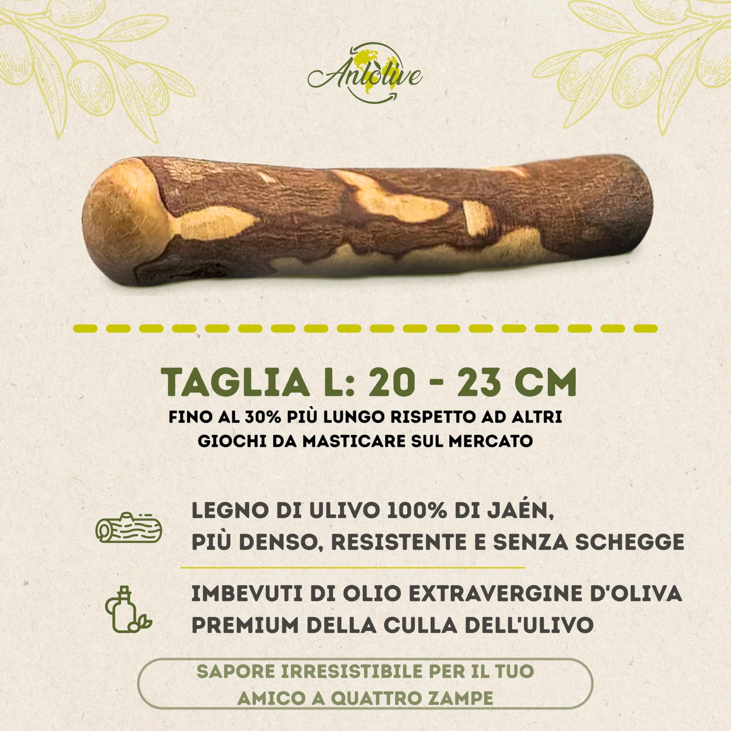 Set 2 Giochi da Masticare Naturali Taglia L 20-23 cm Legno d'Ulivo per Cani Medi e Grandi