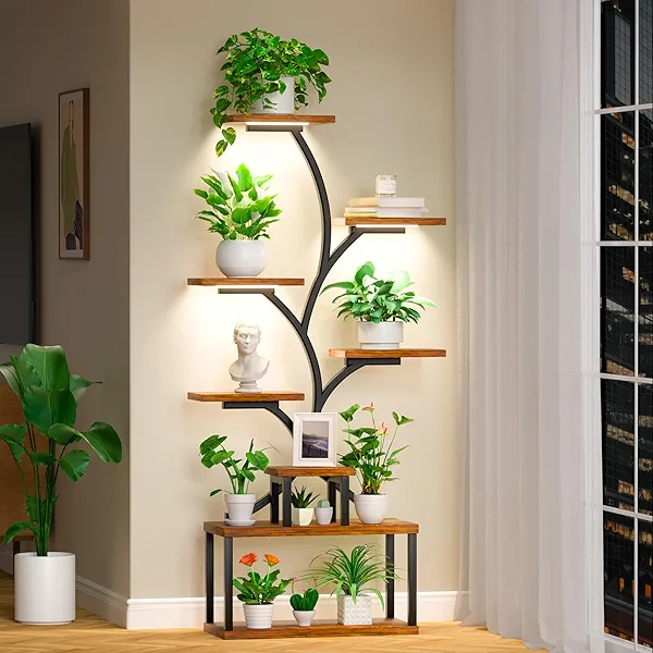 IDELCHOIS Plant Stand Indoor with Grow Lights, 25.6" Wide 64" Tall Corner Plant Shelf, Wooden Lighted Plant Holder Stand, 8 Tiered Large Plant Flower Display Shelves, Plant Rack for Living Room