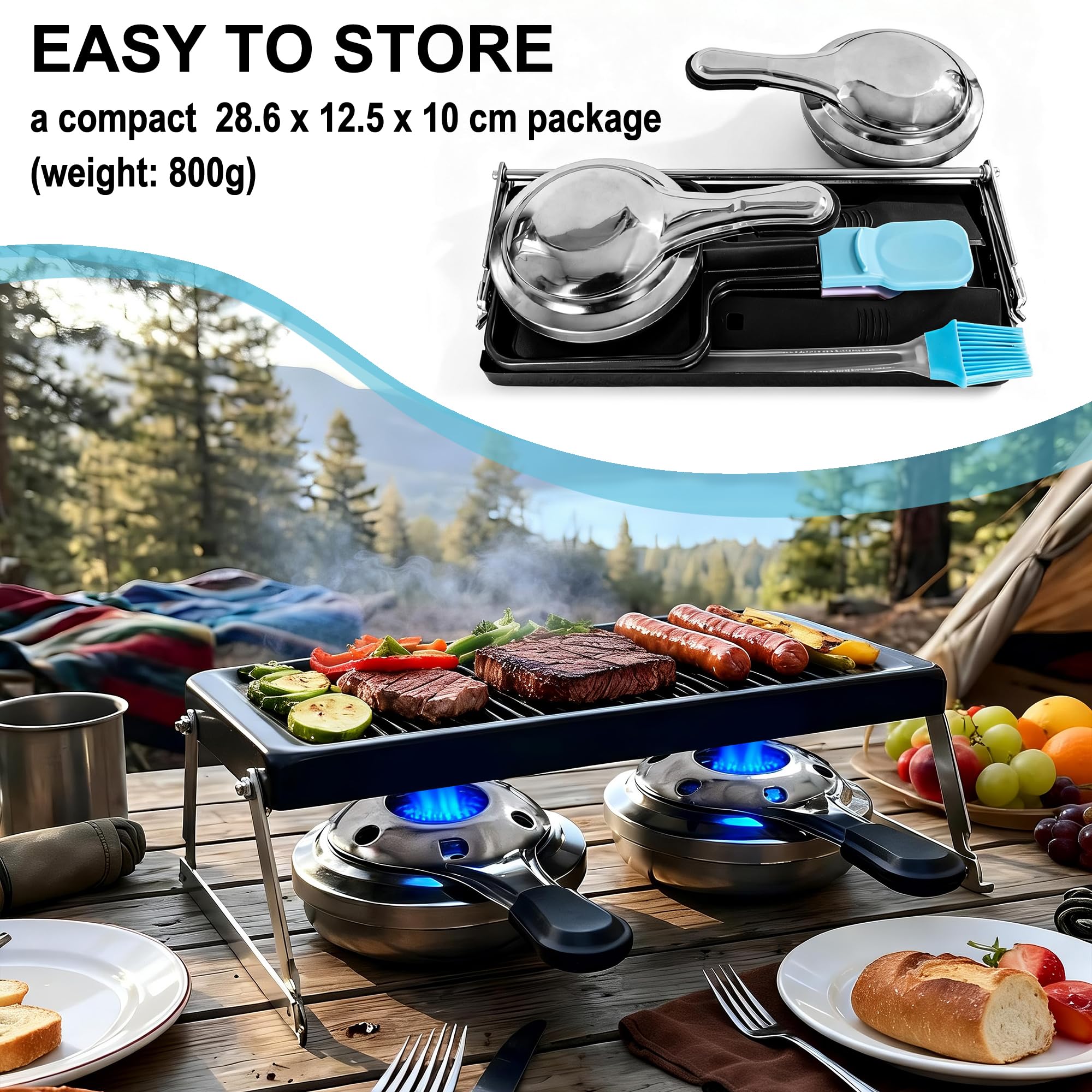 Mini Grill Raclette dla 2 Osób, Nieprzywierający Topielnik Sera z Płytą Grillową, 2 Palniki na Paliwo, 2 Szpatułki, Składany Metalowy Stojak na Camping