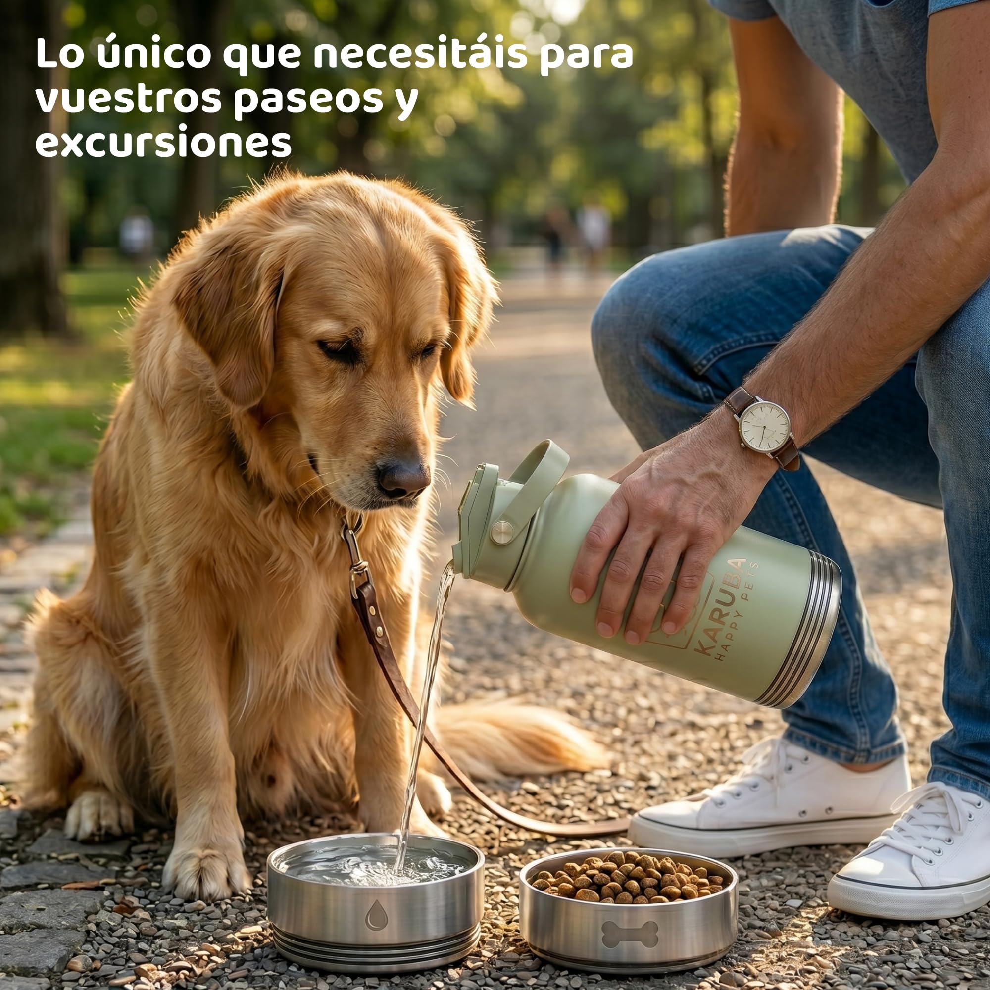 Botella Bebedero Portátil Perro 3 en 1 Acero Inoxidable Premium 1L – Comedero Integrado, Agua Fría 24h, Sin Microplásticos, Boquilla Dual Humano y Perro – Viajes, Senderismo, Playa, Paseos