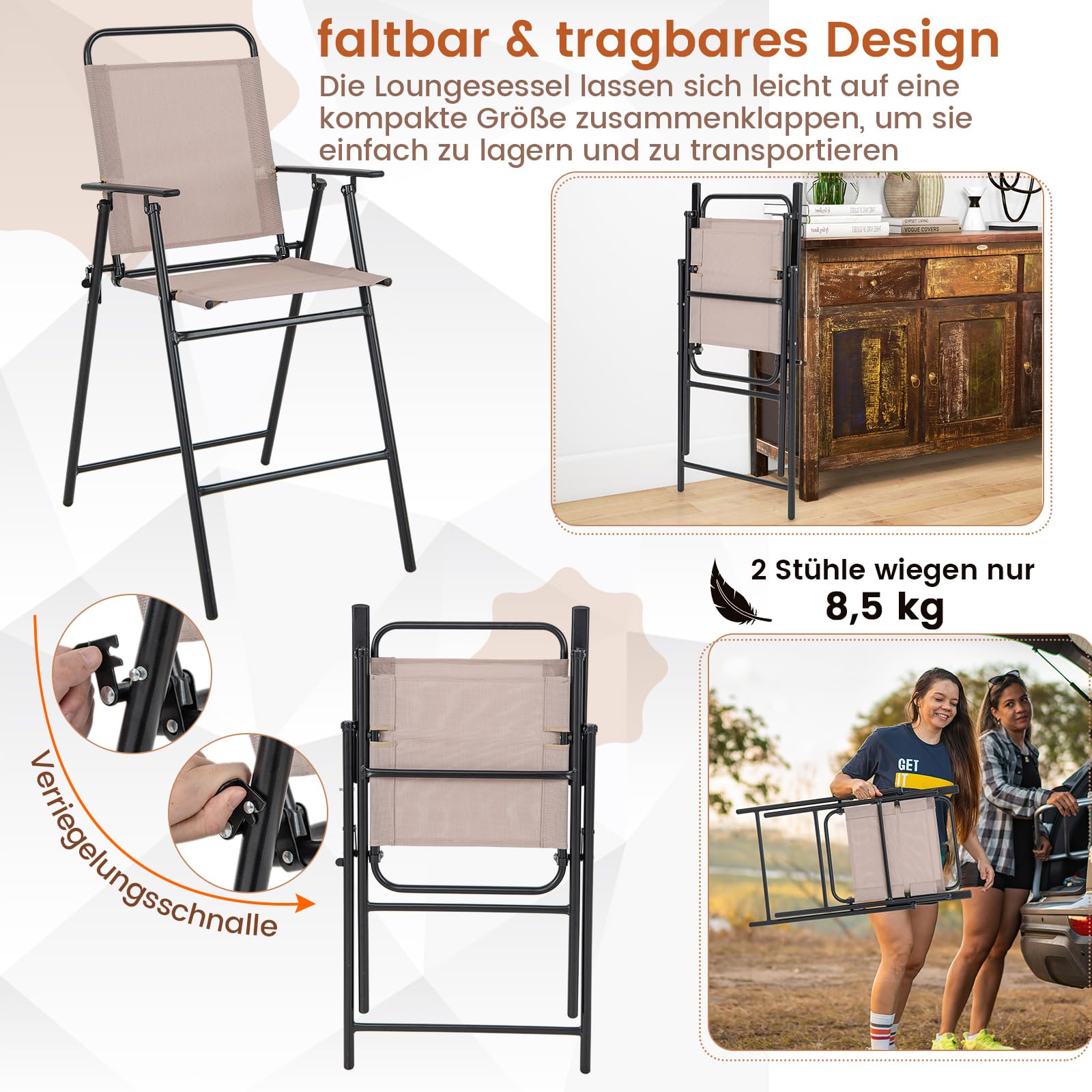 Set van 4 klapstoelen zwart met een zithoogte van 44.5 cm - gemakkelijk