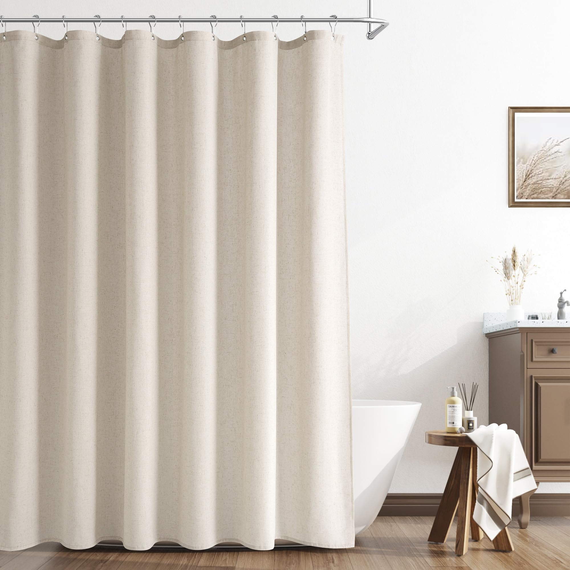 Naturoom Light Tan Linen Shower Curtain, Cloth Textured Fabric Shower Curtain Set with Hooks, Simple Elegant Modern Farmhouse Country Ultra Thick Bath