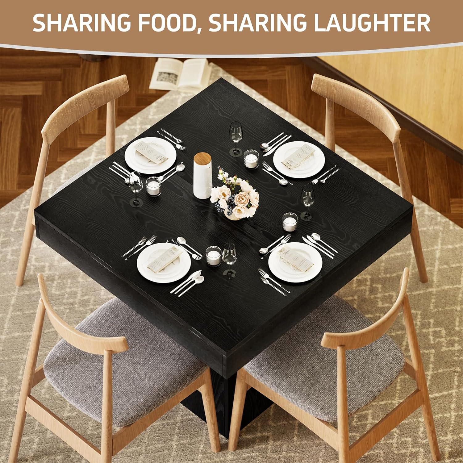 Square Dining Table, Farmhouse Style Eating Table for 2-4 People, 31.5-inch Kitchen Table with Sturdy Pedestal Base, Wooden Dinner Table for Dining Room, Living Room, Black