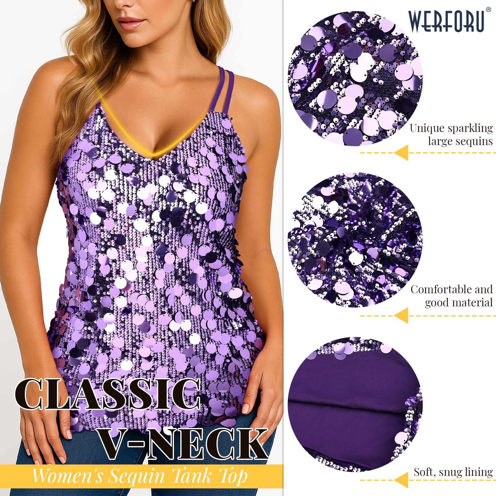 WERFORU Top da donna con paillettes, allacciatura al collo, top da donna per feste, festival, viola., L