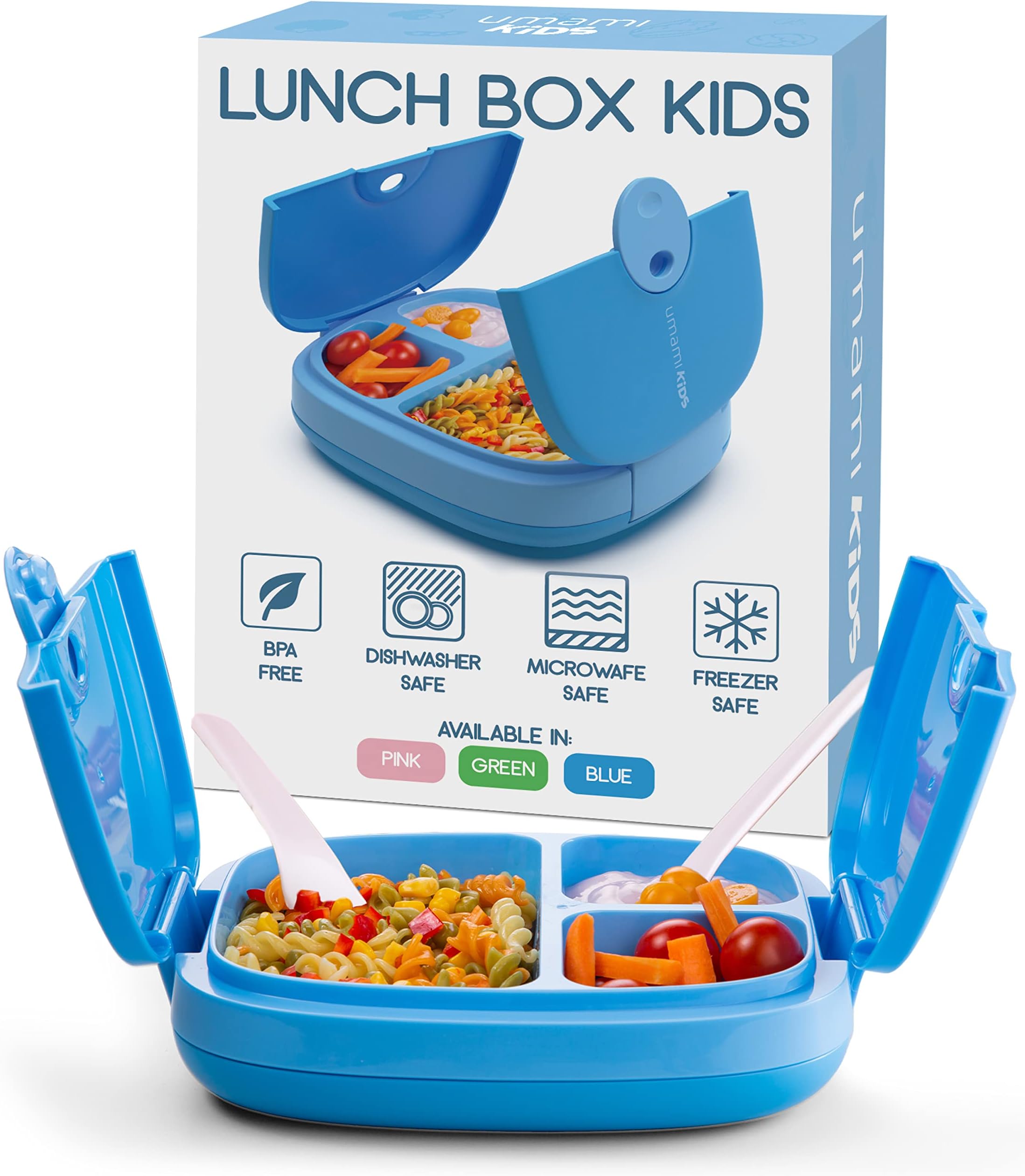 Kids Lunch Box with Cutlery,Leak-Proof,Durable, Bento Style,3 Large Compartments,Ideal Size for 3 to 9 Years Portions,BPA Free,Microwave and Dishwasher Safe (Blue)