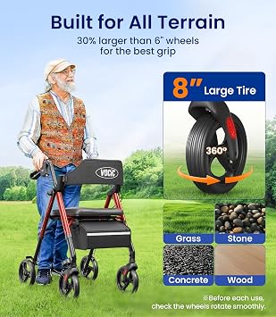 VOCIC Walkers for Seniors, Z21 Rollator Walker with Seat Supports 350lb, 8 Big Wheels for All Terrain, Ergonomic Arc Seat & 6 Ultra Backrest Foldable Walker, Dual Height Adjustment, Lightweight 2025