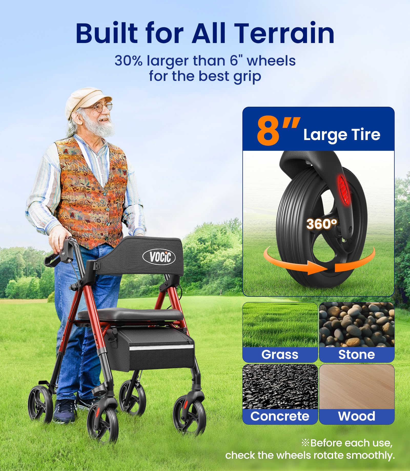 Walkers per anziani, deambulatore Z21 con supporti per sedili 158,8 kg, ruote grandi da 20,3 cm per tutti i terreni, sedile ergonomico ad arco e deambulatore pieghevole con schienale ultra da 15,2 cm