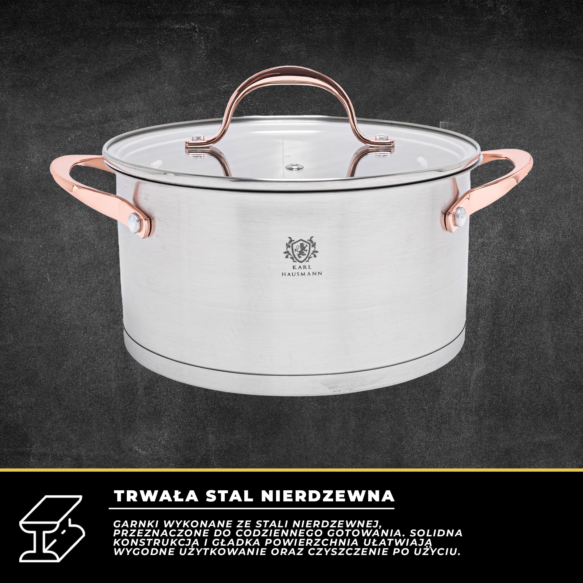 KARL HAUSMANN Zestaw Garnków ze Stali Nierdzewnej – 3 Elementy – Garnki z Pokrywkami i Wewnętrzną Miarką – Na Wszystkie Kuchenki, w tym Indukcję i Kuchenka Gazowa