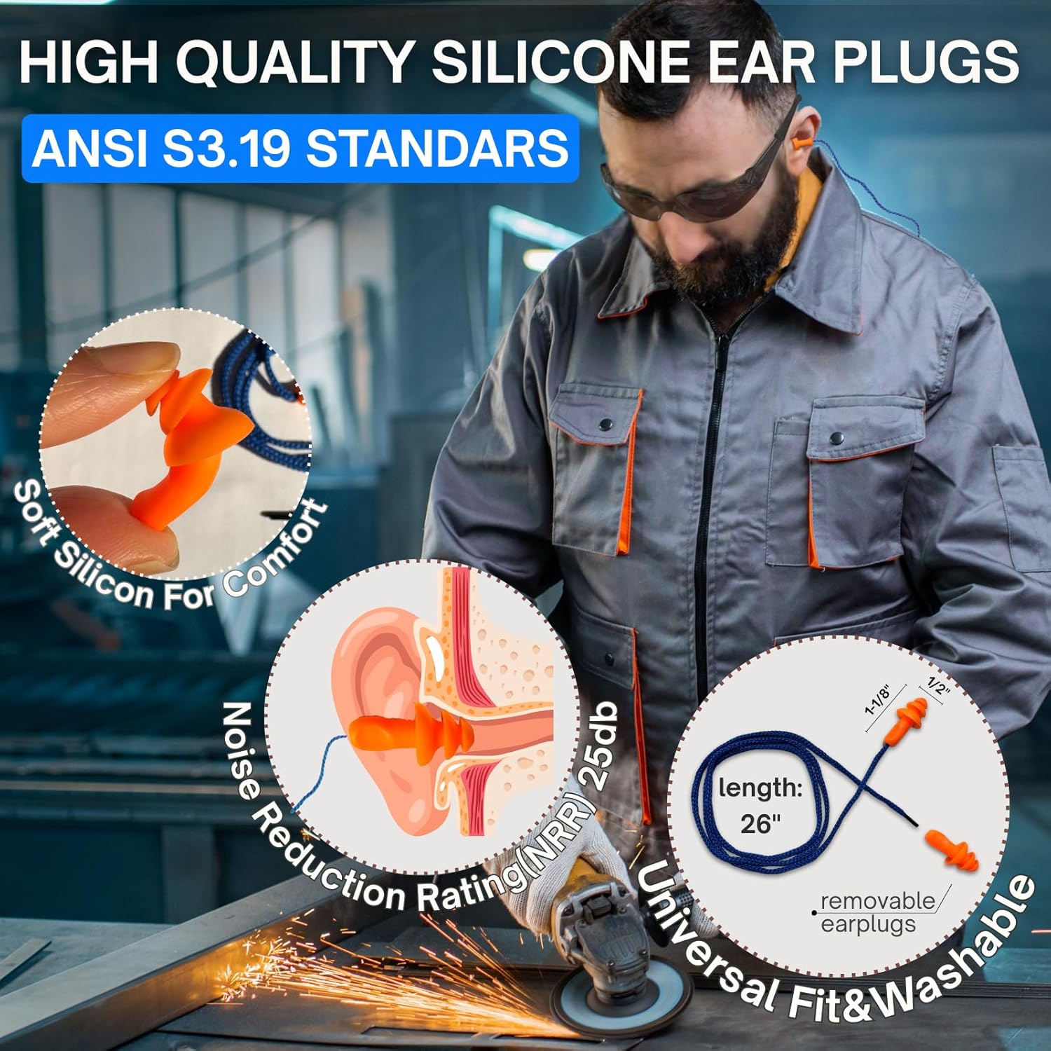 Safety Sunglasses 30 Pack for Men & Women – ANSI Z87.1 Certified,30 Silicone Earplugs (NRR 25dB) – Impact Resistant Smoke Tinted Safety Glasses for DIY, Construction, Shooting, Labs,Woodworking