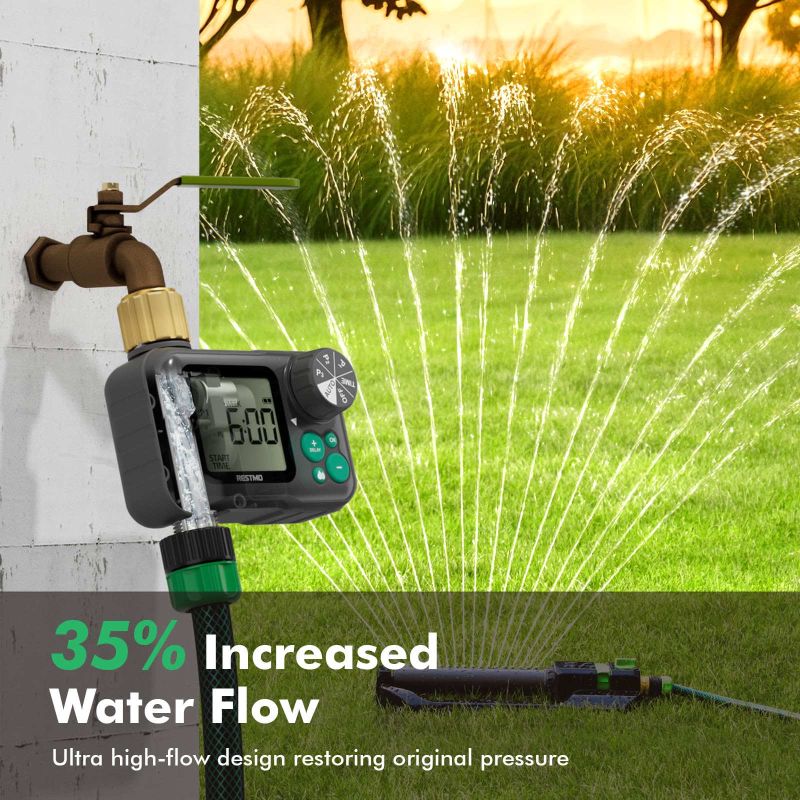 RESTMO 2 Zonen Bewässerungscomputer mit integriertem RF-Chip und Fernbedienung, automatisch/manuell/Regenverzögerung, Bewässerungstimer für Gartenschlauch, Außenwasserhahn, Rasen