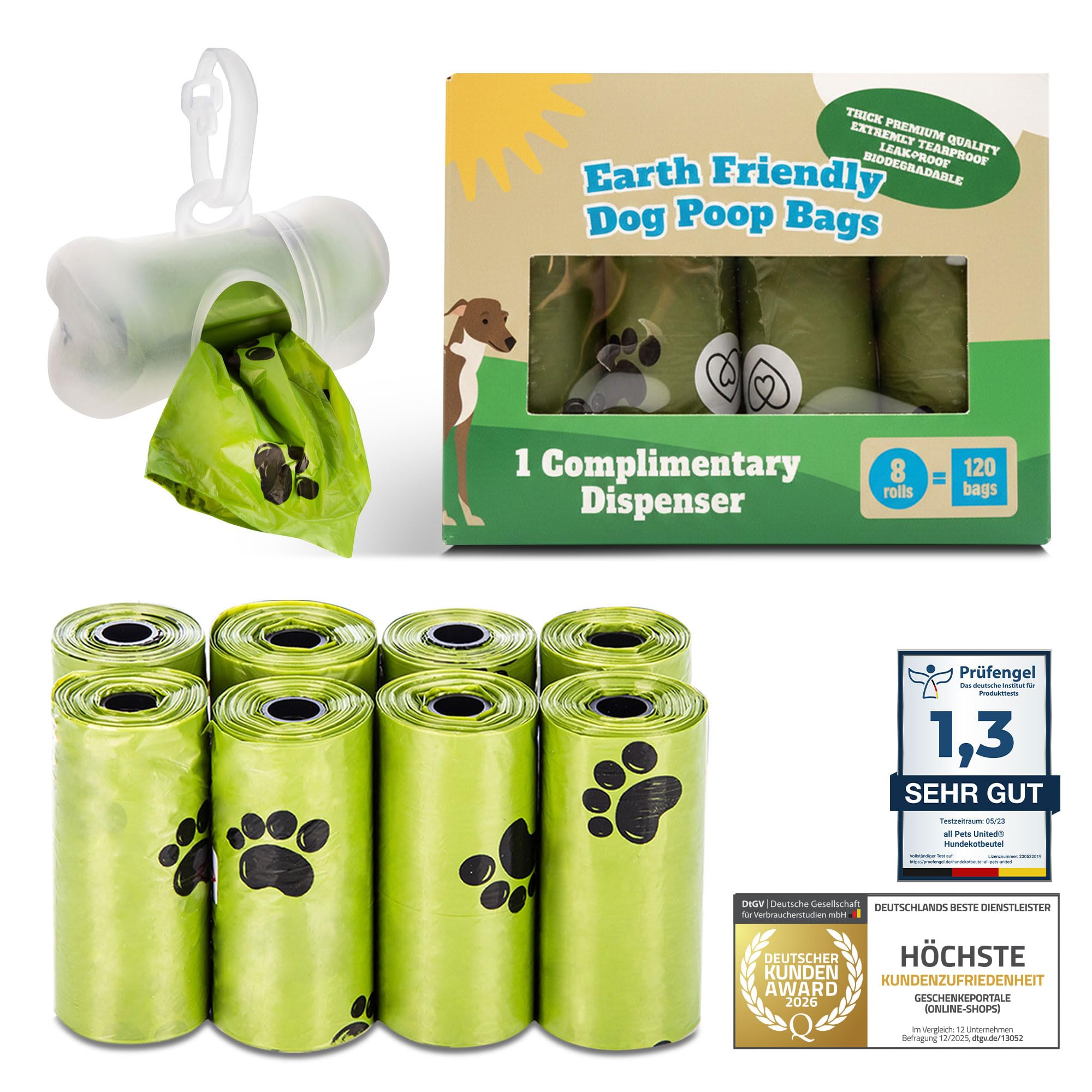 all Pets United® BI0 Hundekotbeutel mit Spender Kompostierbare Kotbeutel für Hunde mit Hundekotbeutelspender 100% Biologisch abbaubare Hundebeutel mit Leinen Halter (120 Beutel: 8 Rollen + 1 Spender)