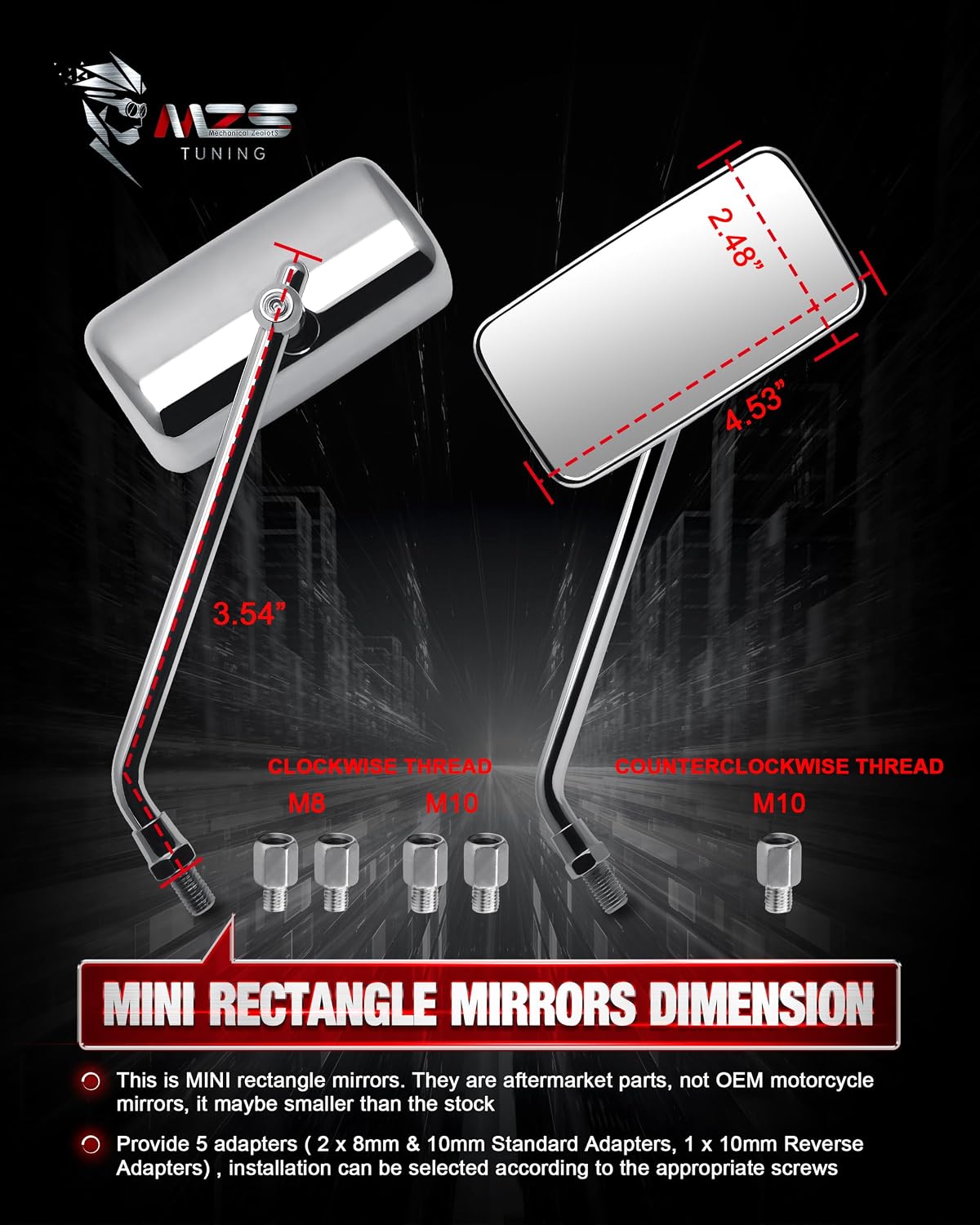 MZS Motorcycle Mirrors 10MM 8MM,Universal 360 Degree Adjustable Rear View Side Mirror Handlebar Mount Rectangle Chrome Suitable for Most Touring Cruiser Chopper Street Naked Road Bike Scooter