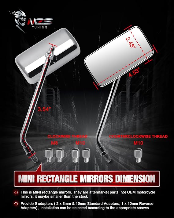 MZS Motorcycle Mirrors 10MM 8MM,Universal 360 Degree Adjustable Rear View Side Mirror Handlebar Mount Rectangle Chrome Suitable for Most Touring Cruiser Chopper Street Naked Road Bike Scooter