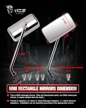MZS Motorcycle Mirrors 10MM 8MM,Universal 360 Degree Adjustable Rear View Side Mirror Handlebar Mount Rectangle Chrome Suitable for Most Touring Cruiser Chopper Street Naked Road Bike Scooter
