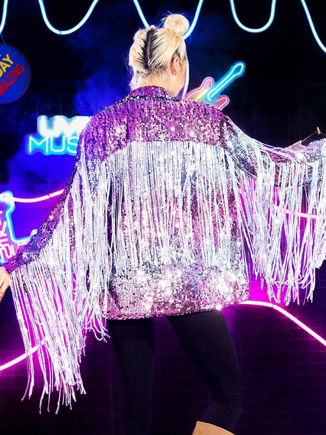 GORAIS Fringe Sequin Jacket Long Sleeves Sparkly Blazer Glitter Bomber Jackets for Women