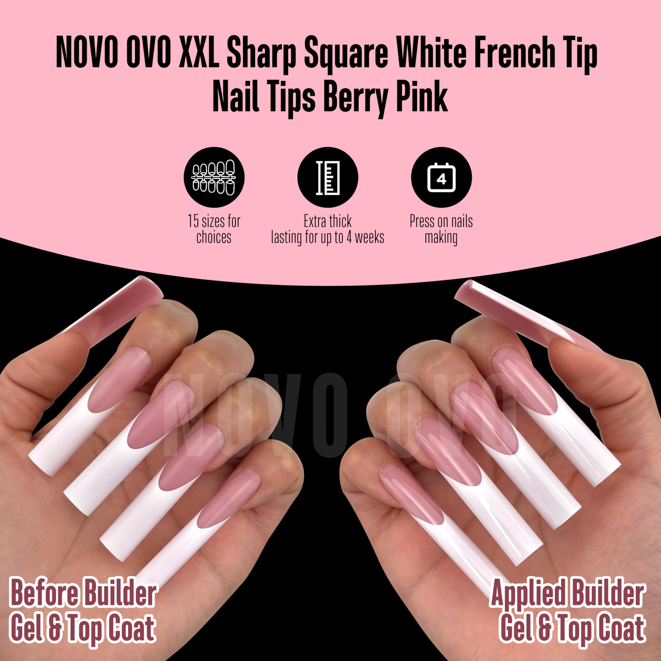 NOVO OVO Press on Nails XXL Square - 150 szt. miękkich żelowych tipsów do paznokci, wstępnie pokolorowane jagody różowe i białe francuskie, bardzo długie, 46 mm, prosty kształt, sztuczne paznokcie