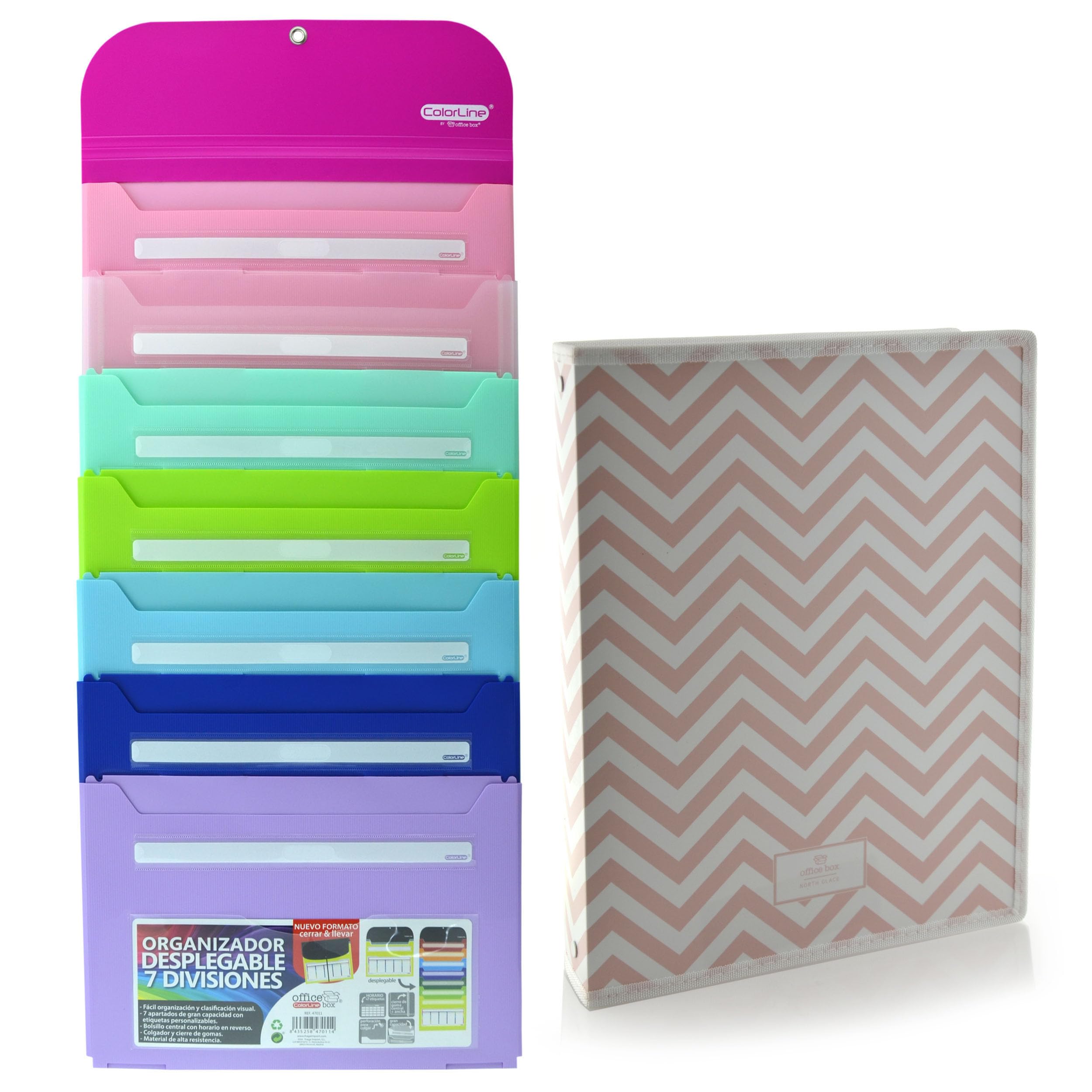 Office Box - Pack Vuelta al Cole: Carpeta de gomas desplegable con 7 departamentos y Colgador metálico, Tarjeta Horario Frontal y Gran Capacidad + Carpeta 4 Anillas 40 mm by Colorline (Fucsia)