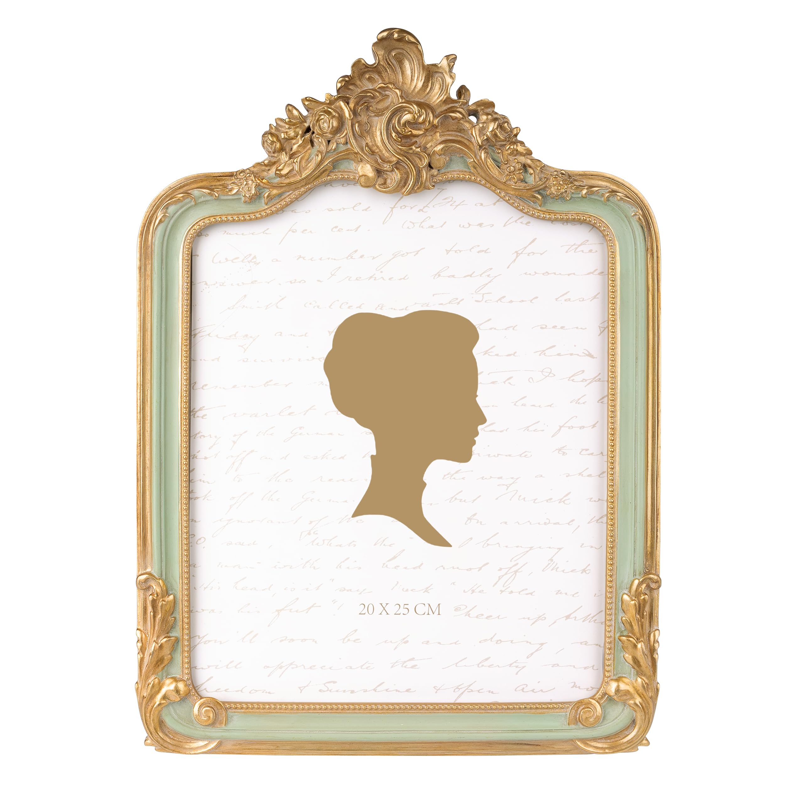 Cadre photo vintage 20x25 cm AELS doré et vert sauge avec verre pour mur