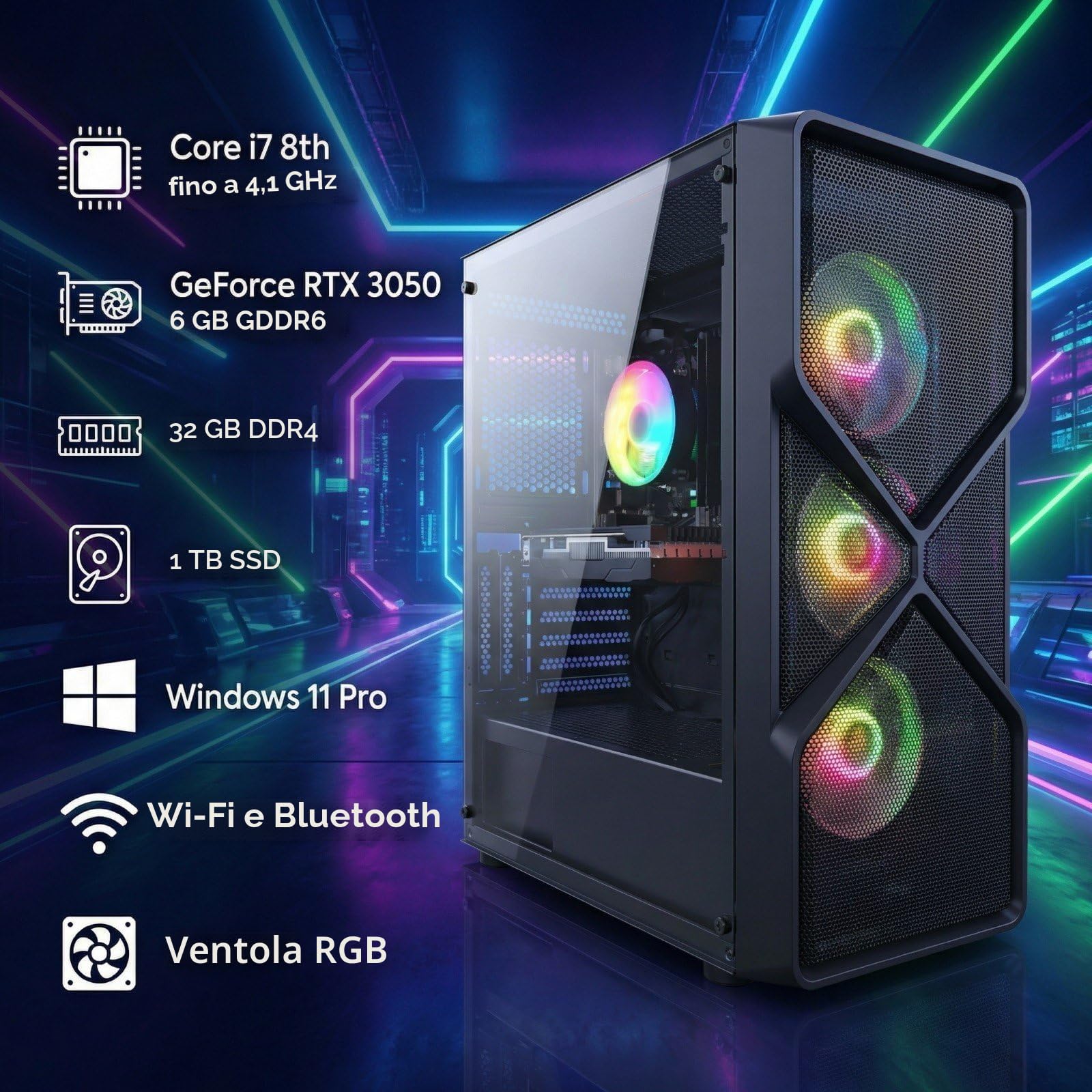 PC Gaming Fisso Core i7 8 gen 4.1 GHz Nvidia RTX 3050 6GB GDDR6 32GB DDR4 RAM 1TB SSD WiFi 6 Windows 11 Pro