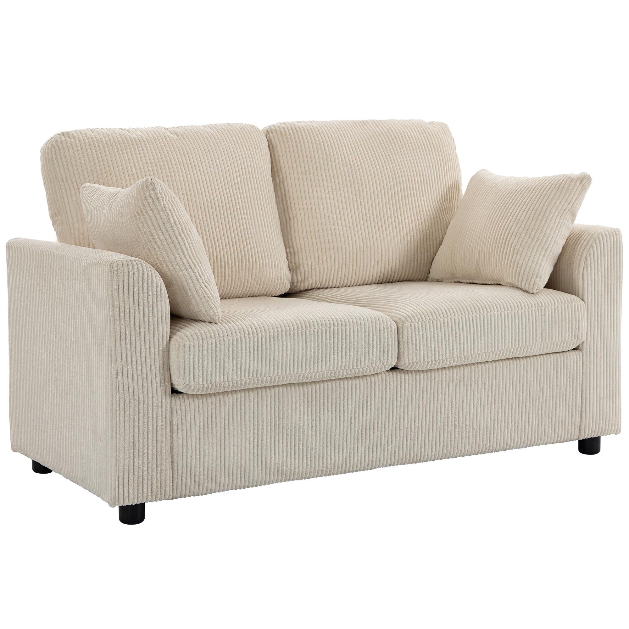 HOMCOM 2 Seater Sofa, 144cm Corduroy Small Couch with Spring Cushion, Wide and Deep Seat, Plush Backrest, 2 Pillows, Loveseat Sofa Settee for Small Space, Living Room, Bedroom, Home Office, Beige