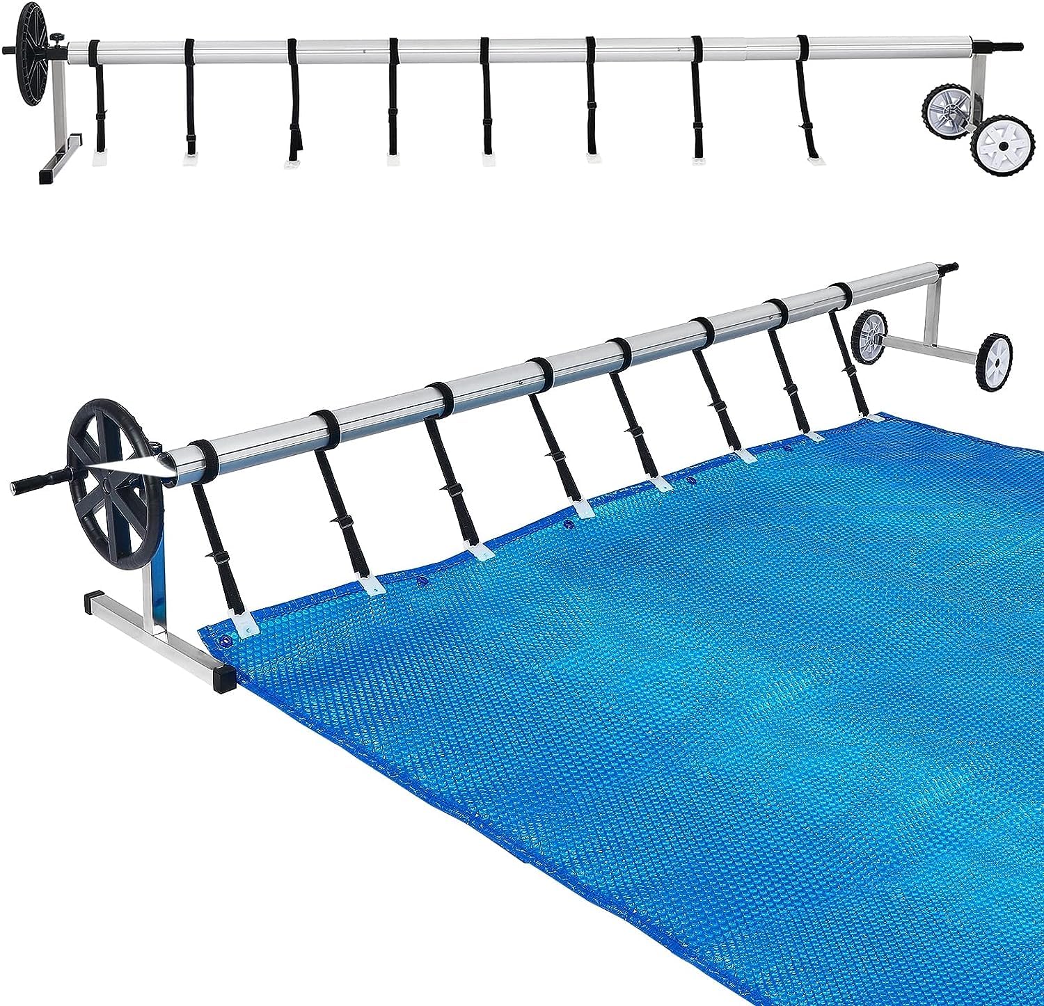Aufun Enrouleur de piscine de qualité supérieure - Système d'enroulement en aluminium - 3 m - 5,70 m - Avec fixation et rouleaux - Pour bâches solaires et couvertures de piscine - Enrouleur de piscine