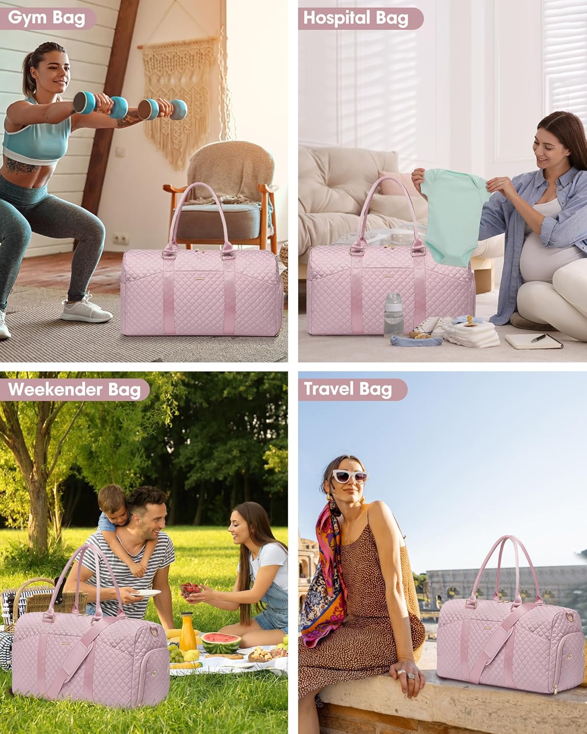 Women Weekender Travel Duffle Bag: Travel Duffel Overnight Bags with Shoe Compartment Large Carry on Tote with Toiletry Bag Weekend Traveling Yoga Gym Hospital Bag for Women with Wet Pocket Pink - Image 6