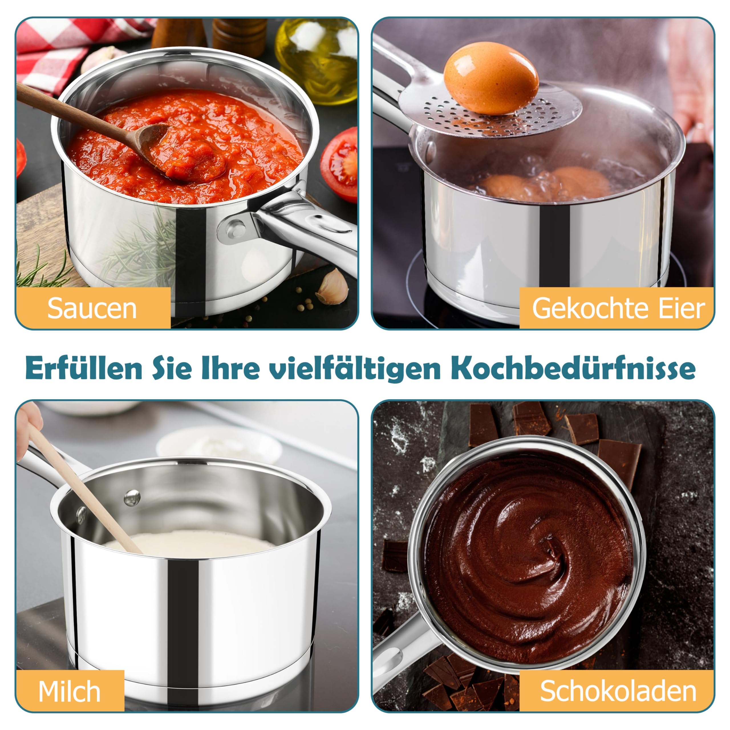 HaWare Rondel 16 cm, stal szlachetna, mały garnek na mleko indukcyjny ze szklaną pokrywką, garnek 1,9 l z 3-warstwowym dnem do wszystkich rodzajów kuchenek, zdrowy i niepowlekany, nadaje się do mycia